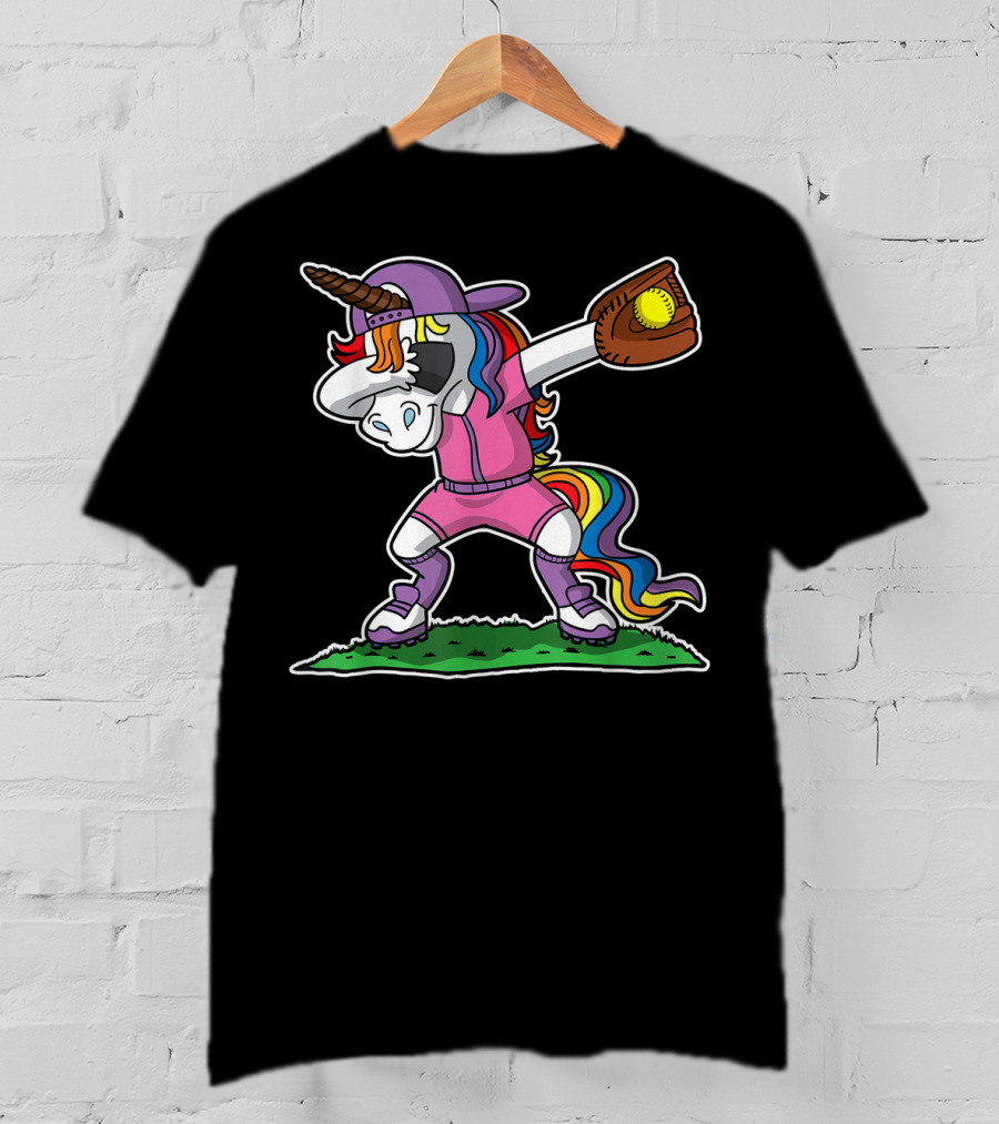 Dabbing Unicorn In Pink Softball Outfit With Glove And Ball T-Shirt