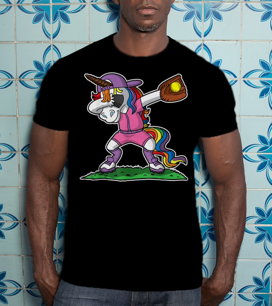 Dabbing Unicorn In Pink Softball Outfit With Glove And Ball T-Shirt