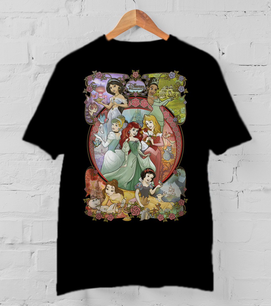 Disney Princess Classic Cartoon Group Collage Cinderella Ariel Belle Snow White Aurora T-Shirt
