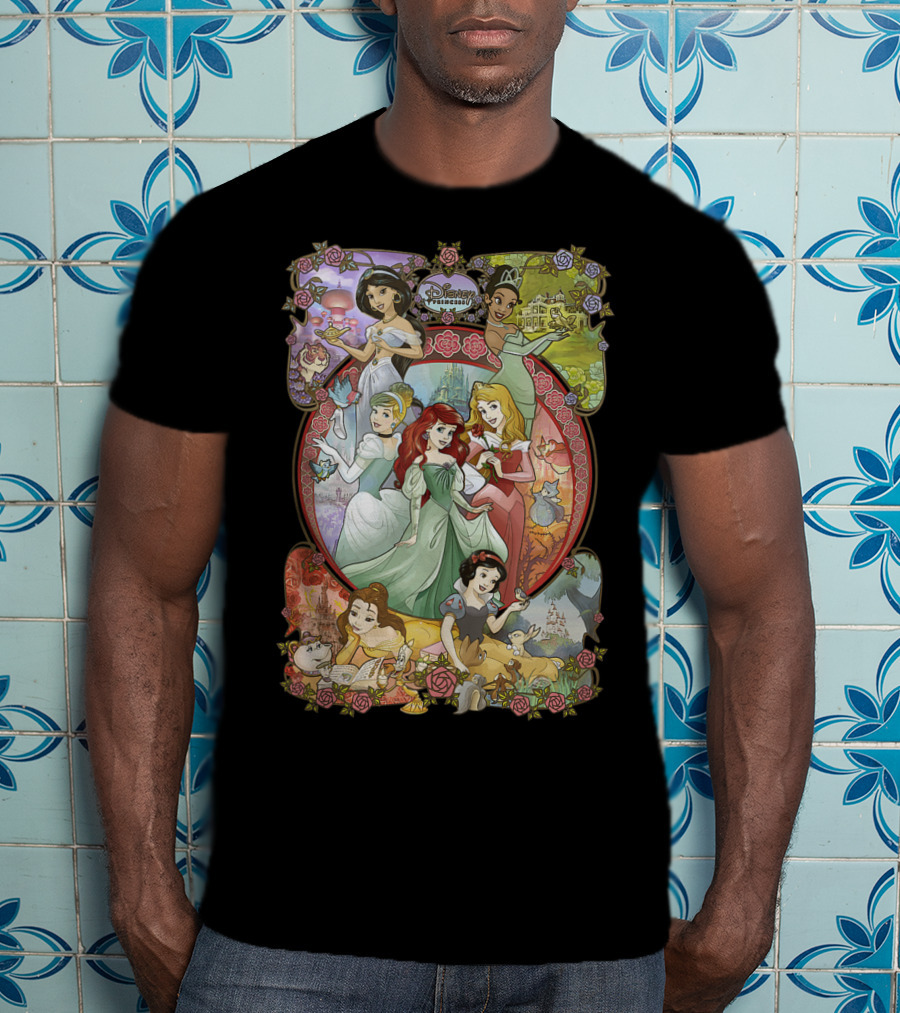 Disney Princess Classic Cartoon Group Collage Cinderella Ariel Belle Snow White Aurora T-Shirt