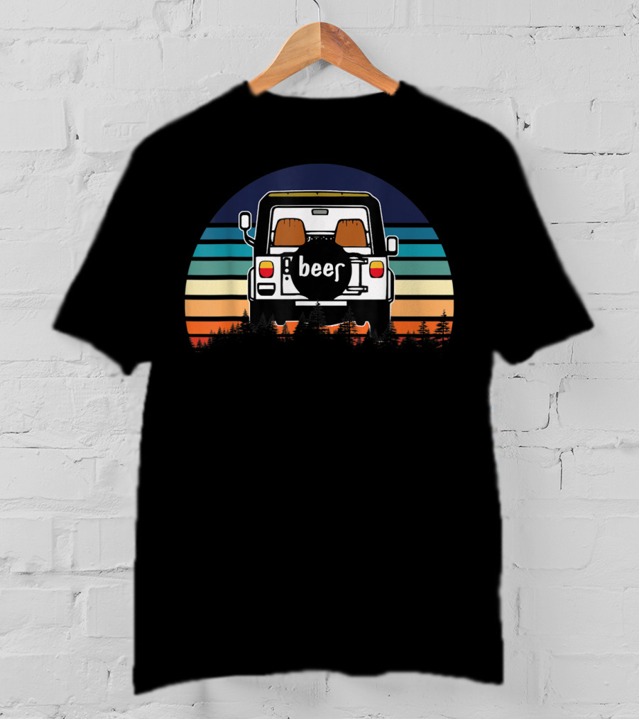Funny Beer Jeeps Vintage Sunset Retro Stripess T-Shirt