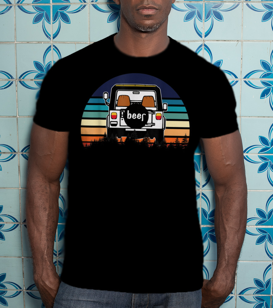 Funny Beer Jeeps Vintage Sunset Retro Stripess T-Shirt