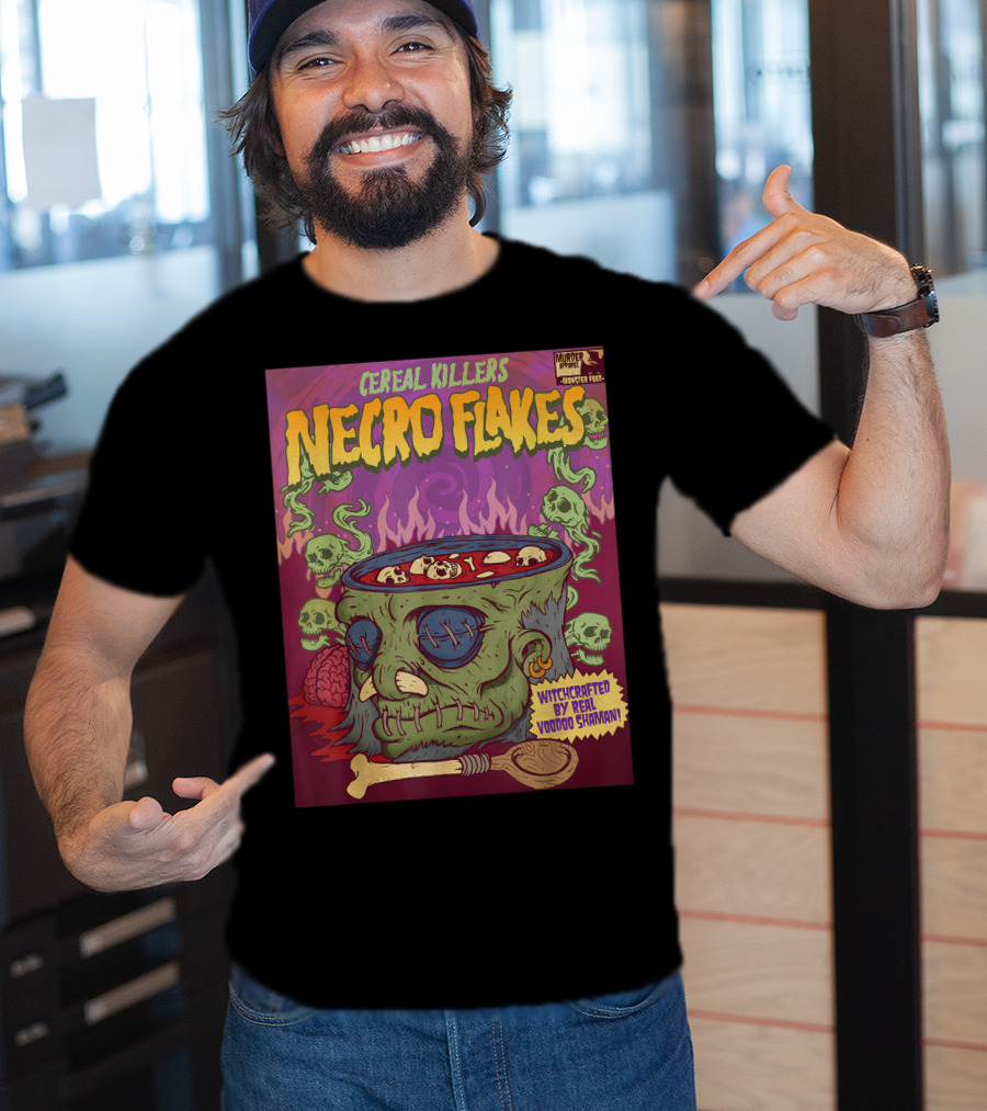 Cereal Killers Necro Flakes Witchcrafted By Real Voodoo Shaman Monster Food Horror Fans Nerds T-Shirt
