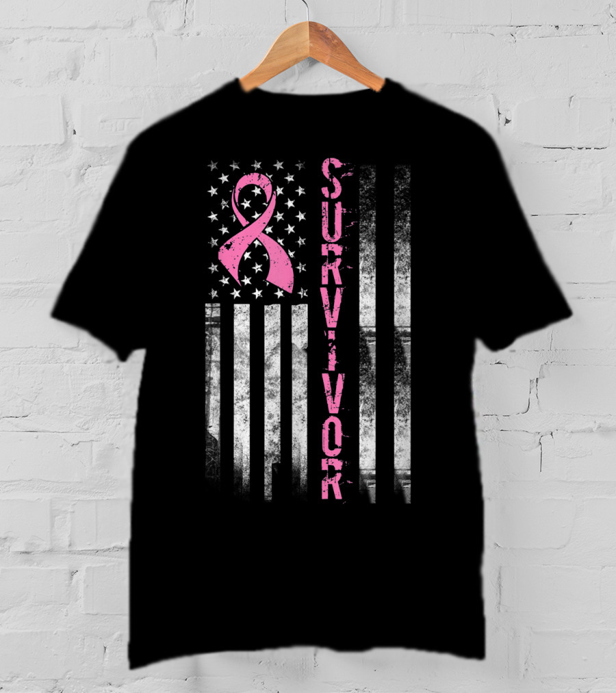 Survivor Pink Ribbon American Flag Breast Cancer Awareness T-Shirt