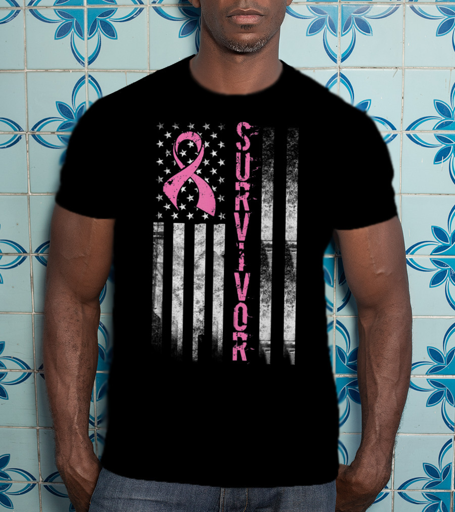 Survivor Pink Ribbon American Flag Breast Cancer Awareness T-Shirt