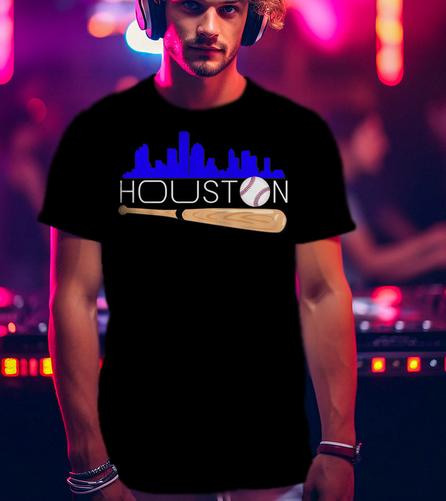 Houston Baseball Astro Font Skyline With Bat And Ball T-Shirt