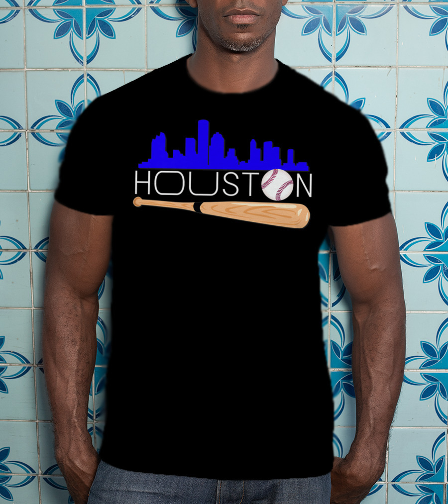 Houston Baseball Astro Font Skyline With Bat And Ball T-Shirt