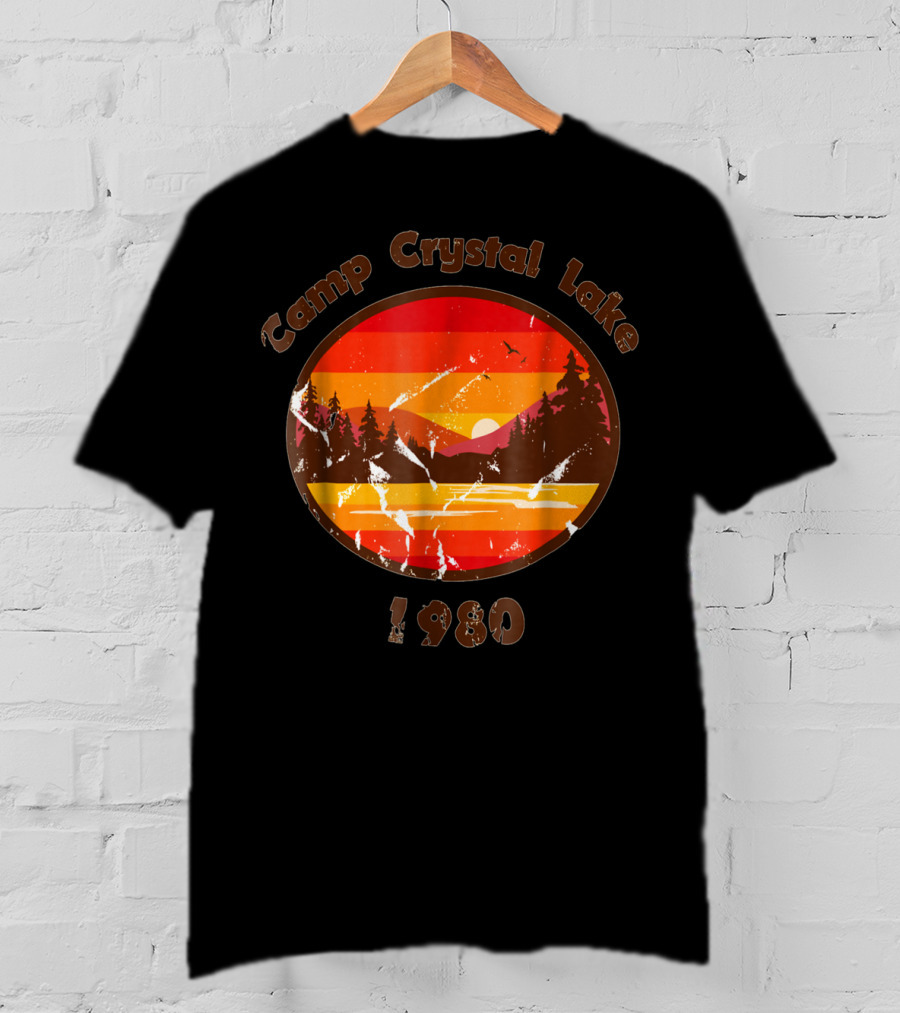Camp Crystal Lake 1980 Retro Sunset Forest Scene T-Shirt
