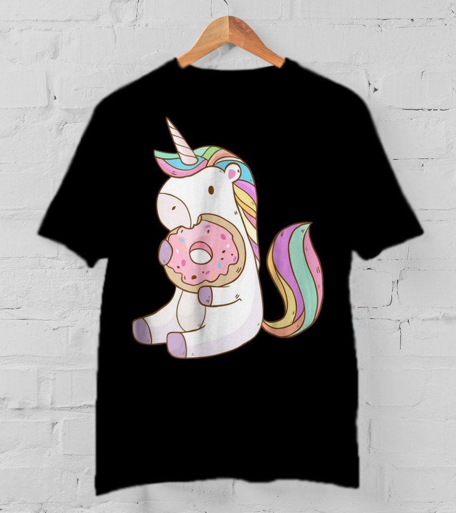 Cute Hungry Unicorn Enjoying A Delicious Donut With Sprinkles T-Shirt