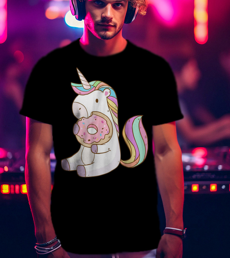 Cute Hungry Unicorn Enjoying A Delicious Donut With Sprinkles T-Shirt