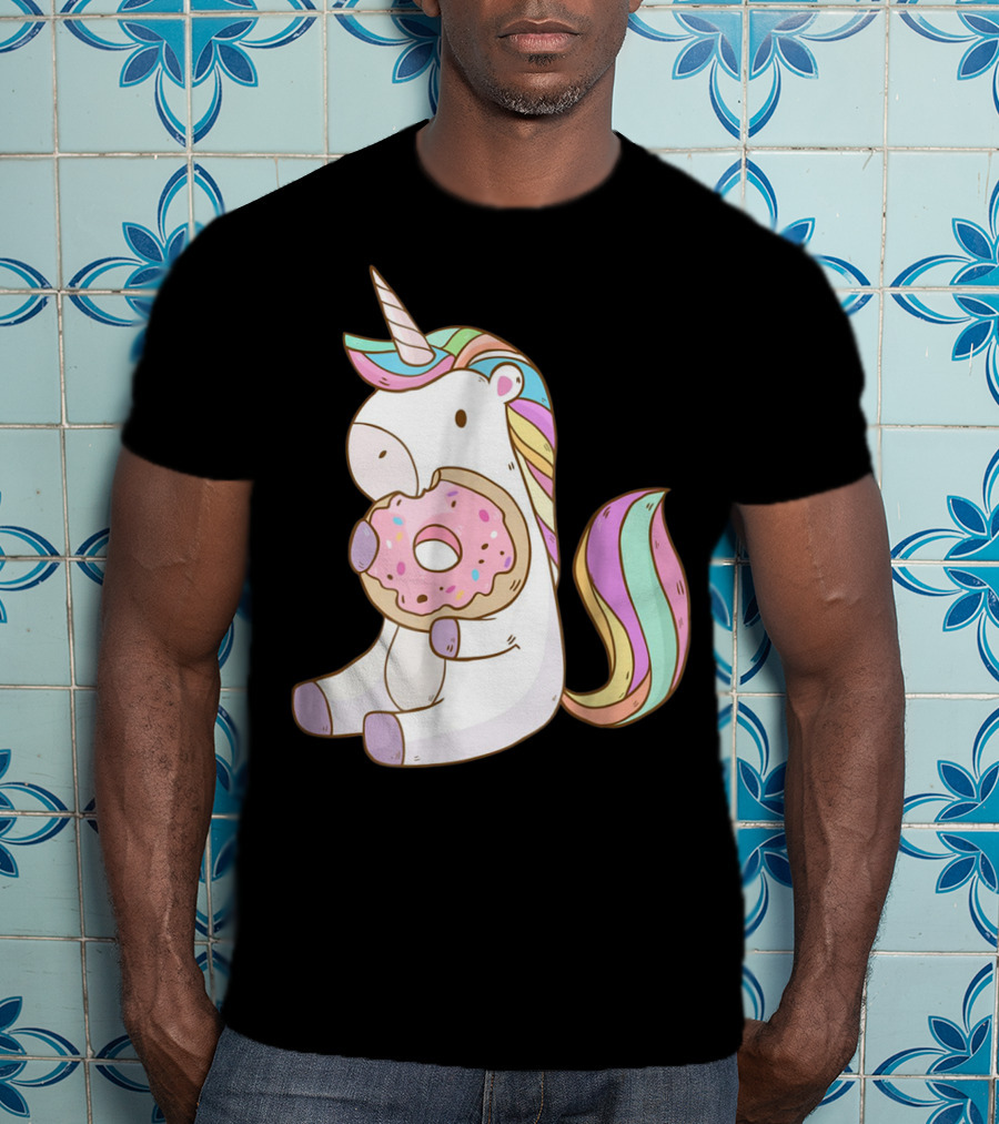 Cute Hungry Unicorn Enjoying A Delicious Donut With Sprinkles T-Shirt
