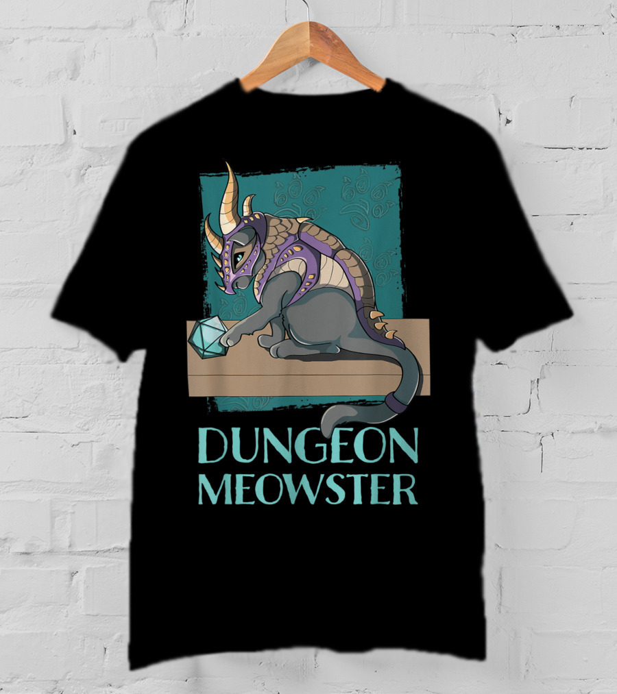 Dungeon Meowster Cat With Dragon Armor Playing With Dice T-Shirt