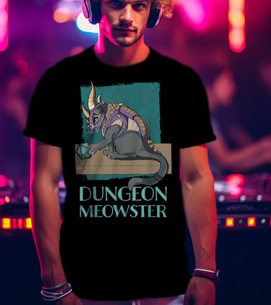 Dungeon Meowster Cat With Dragon Armor Playing With Dice T-Shirt