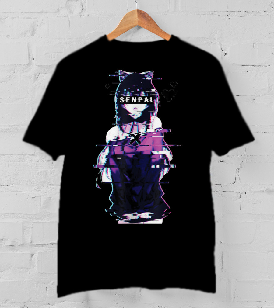 Japanese Anime Senpai Cat Girl Glitch Art Notice Me Senpai T-Shirt