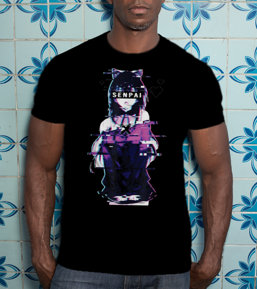 Japanese Anime Senpai Cat Girl Glitch Art Notice Me Senpai T-Shirt