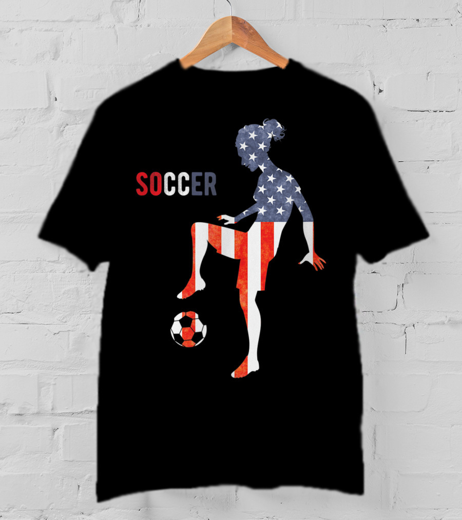 American Flag USA Soccer Player Silhouette Girl T-Shirt