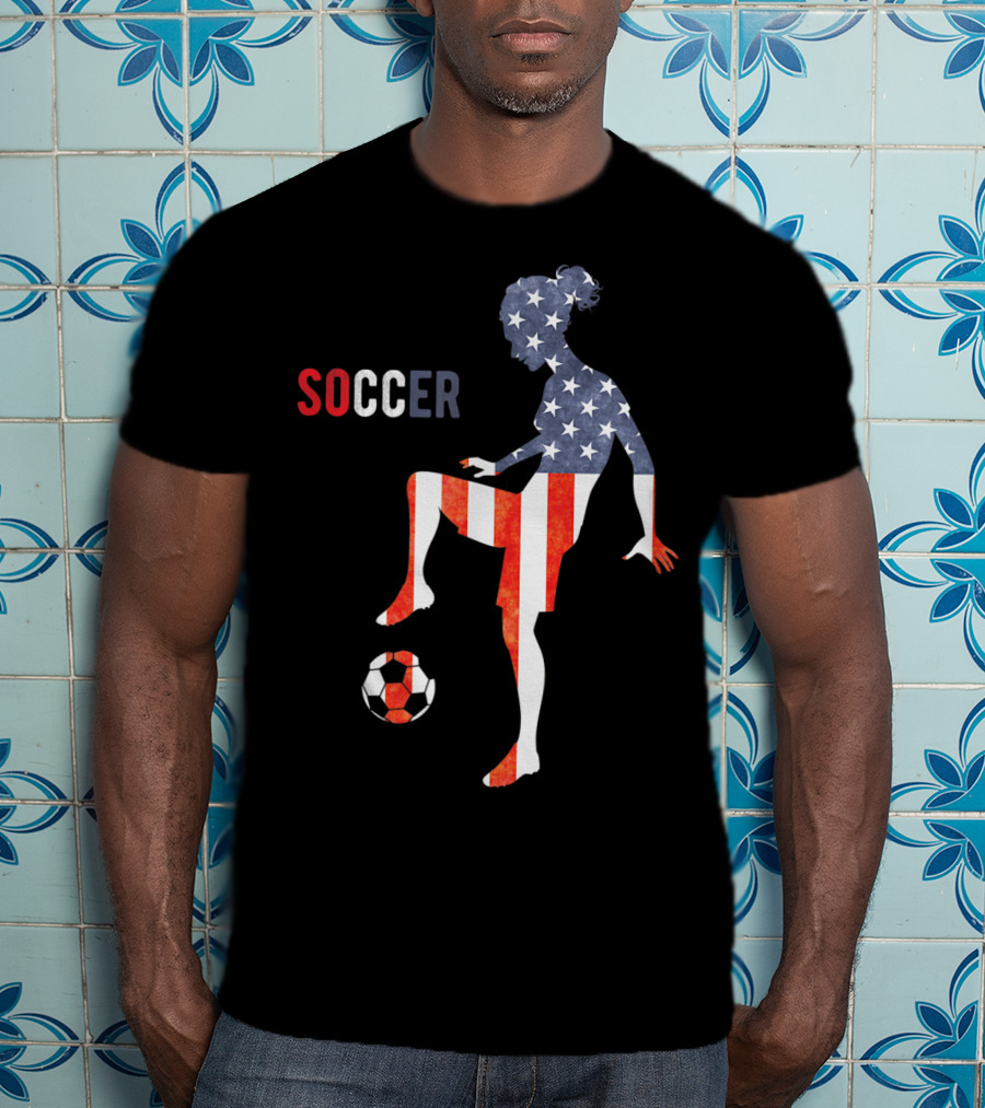American Flag USA Soccer Player Silhouette Girl T-Shirt