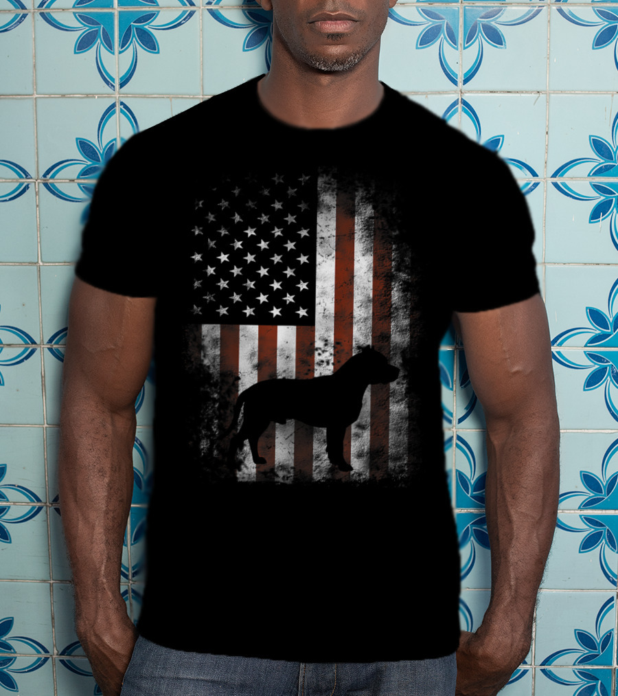 American Pitbull Terrier Silhouette With American Flag Patriotic T-Shirt