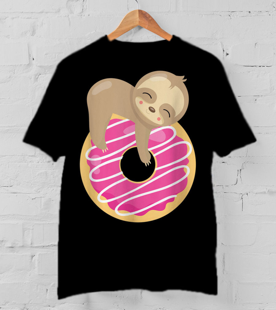 Baby Sloth Sleeping On Pink Frosted Donut T-Shirt