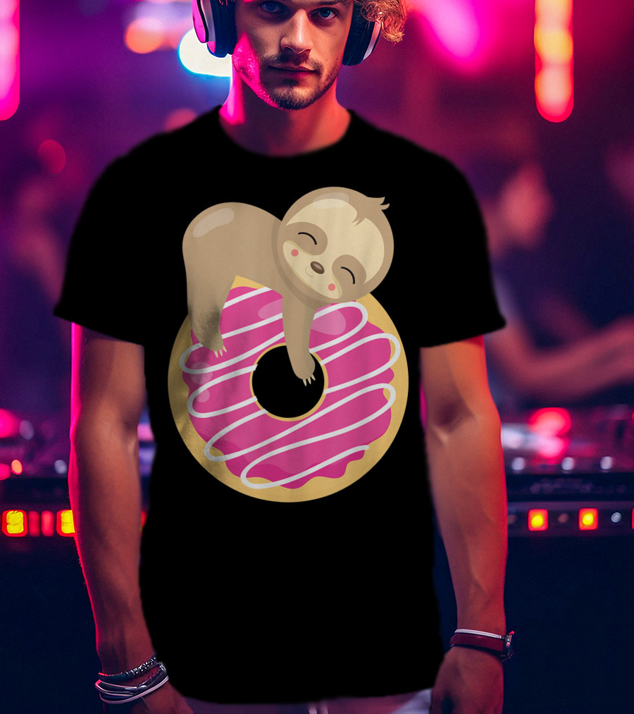 Baby Sloth Sleeping On Pink Frosted Donut T-Shirt