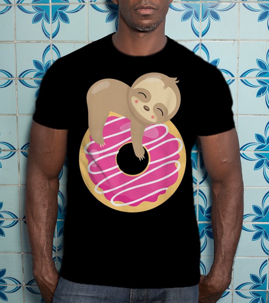 Baby Sloth Sleeping On Pink Frosted Donut T-Shirt