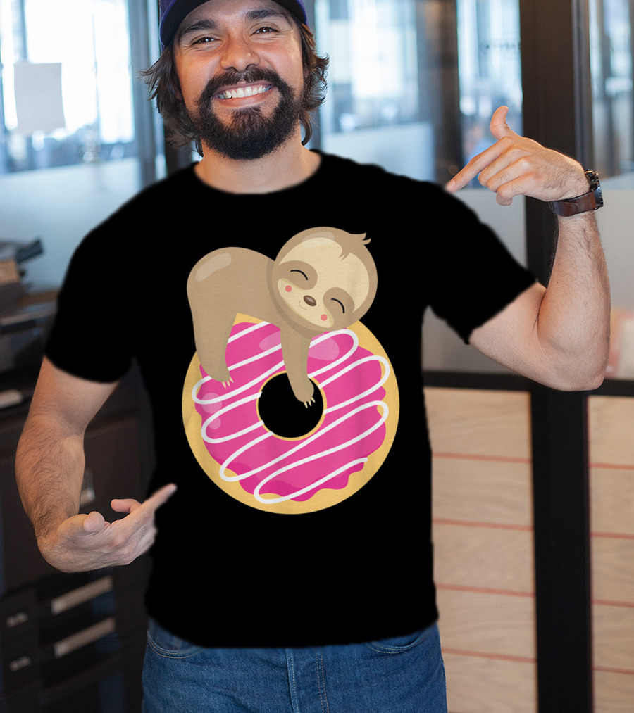 Baby Sloth Sleeping On Pink Frosted Donut T-Shirt