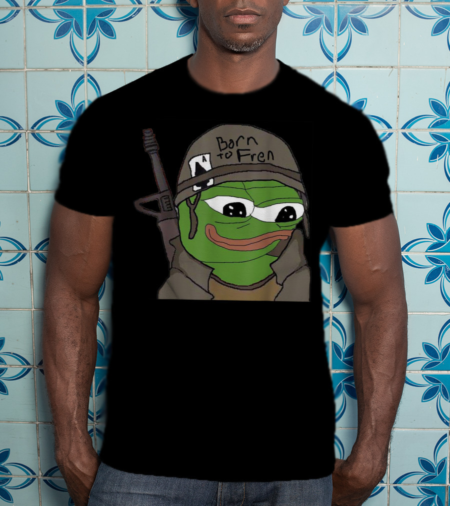 Born To Fren Pepe Military Helmet Cartoon With Rifle T-Shirt