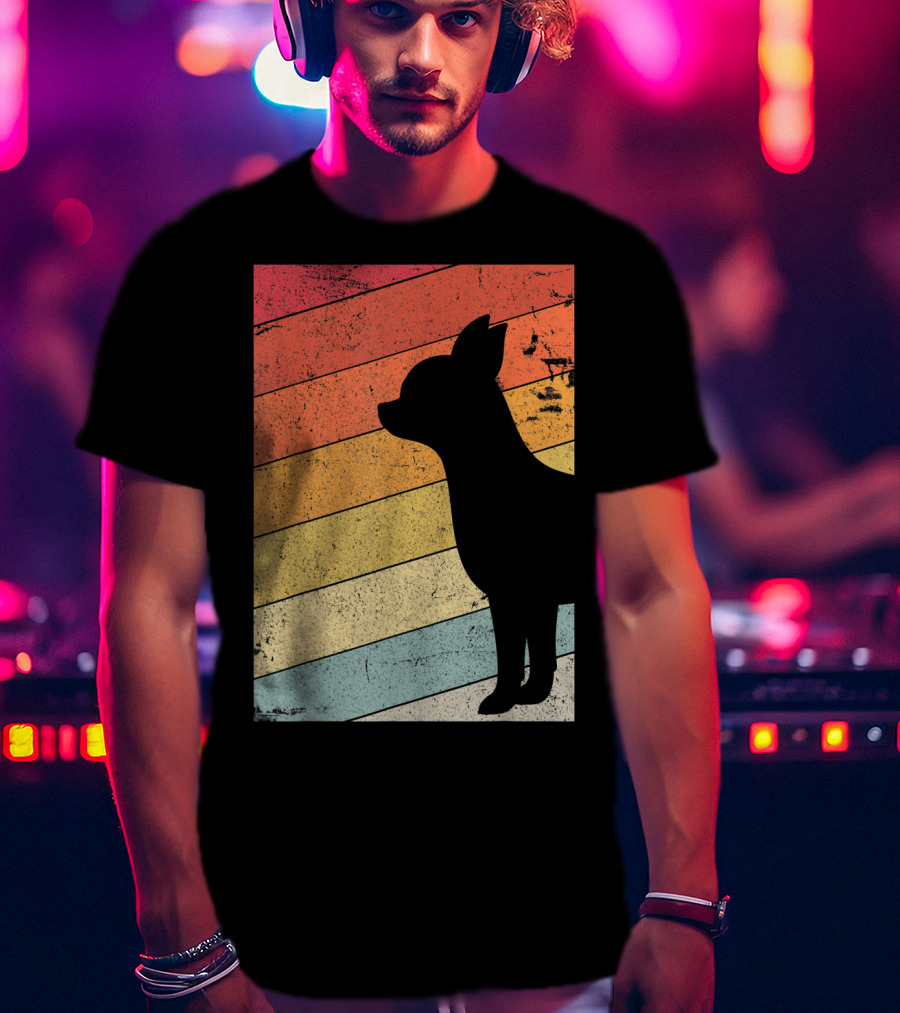 Chihuahua Style Retro Silhouette With Vintage Rainbow Stripes T-Shirt