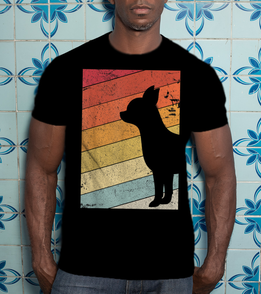 Chihuahua Style Retro Silhouette With Vintage Rainbow Stripes T-Shirt