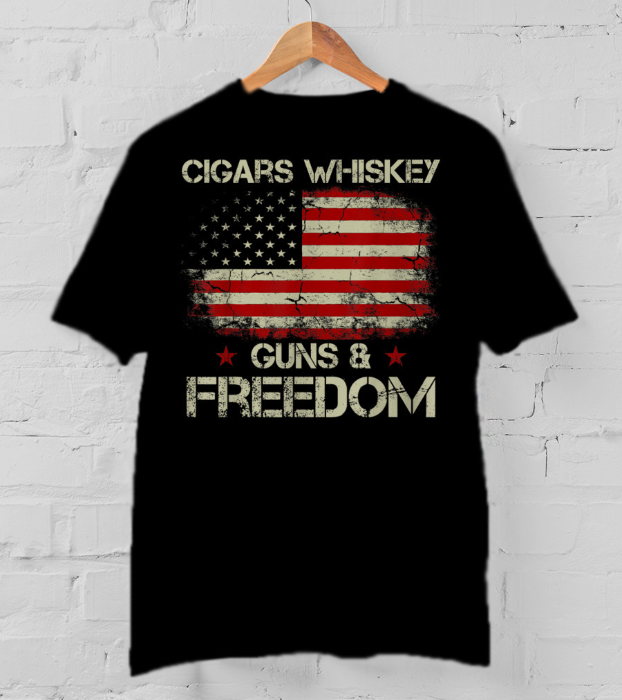 Cigars Whiskey Guns Freedom American Flag Patriotic USA Stars Stripes T-Shirt