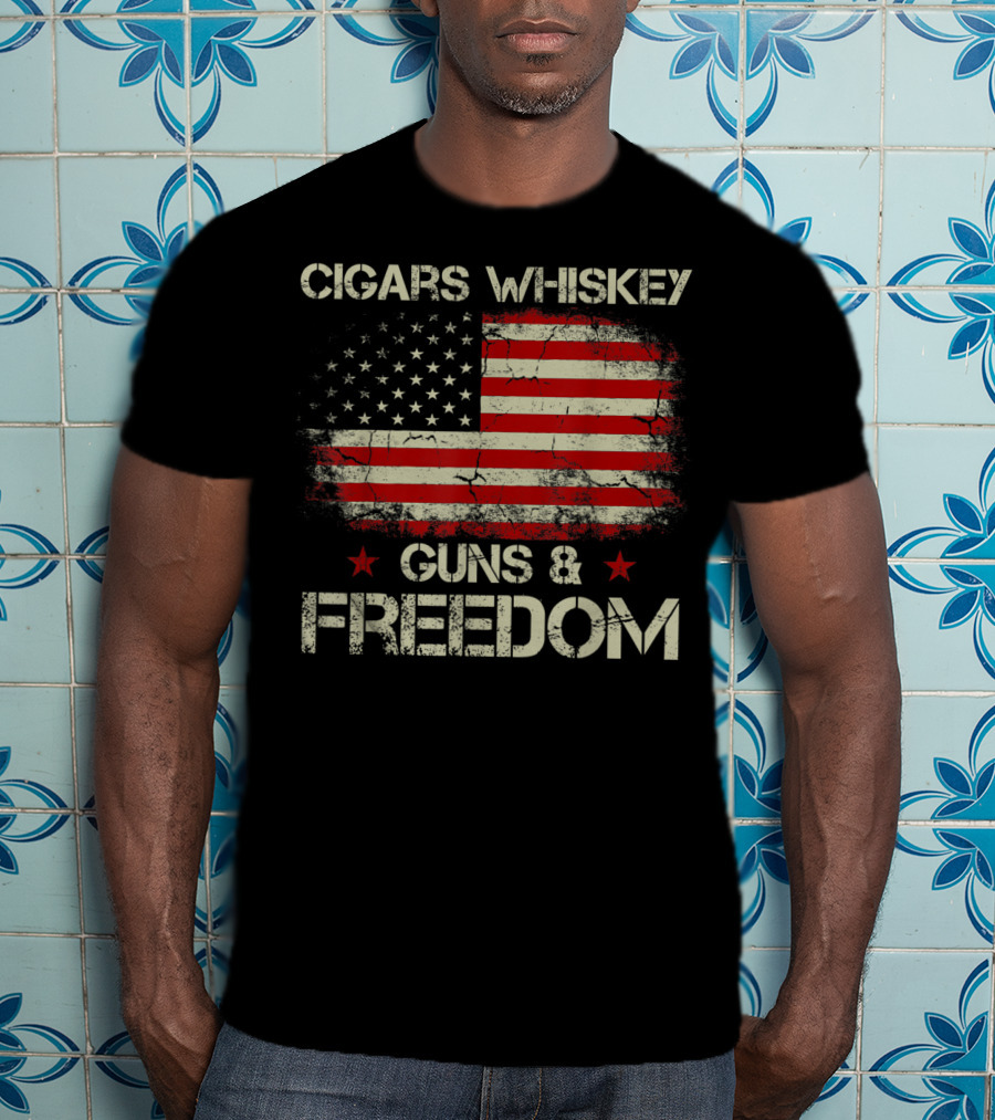 Cigars Whiskey Guns Freedom American Flag Patriotic USA Stars Stripes T-Shirt