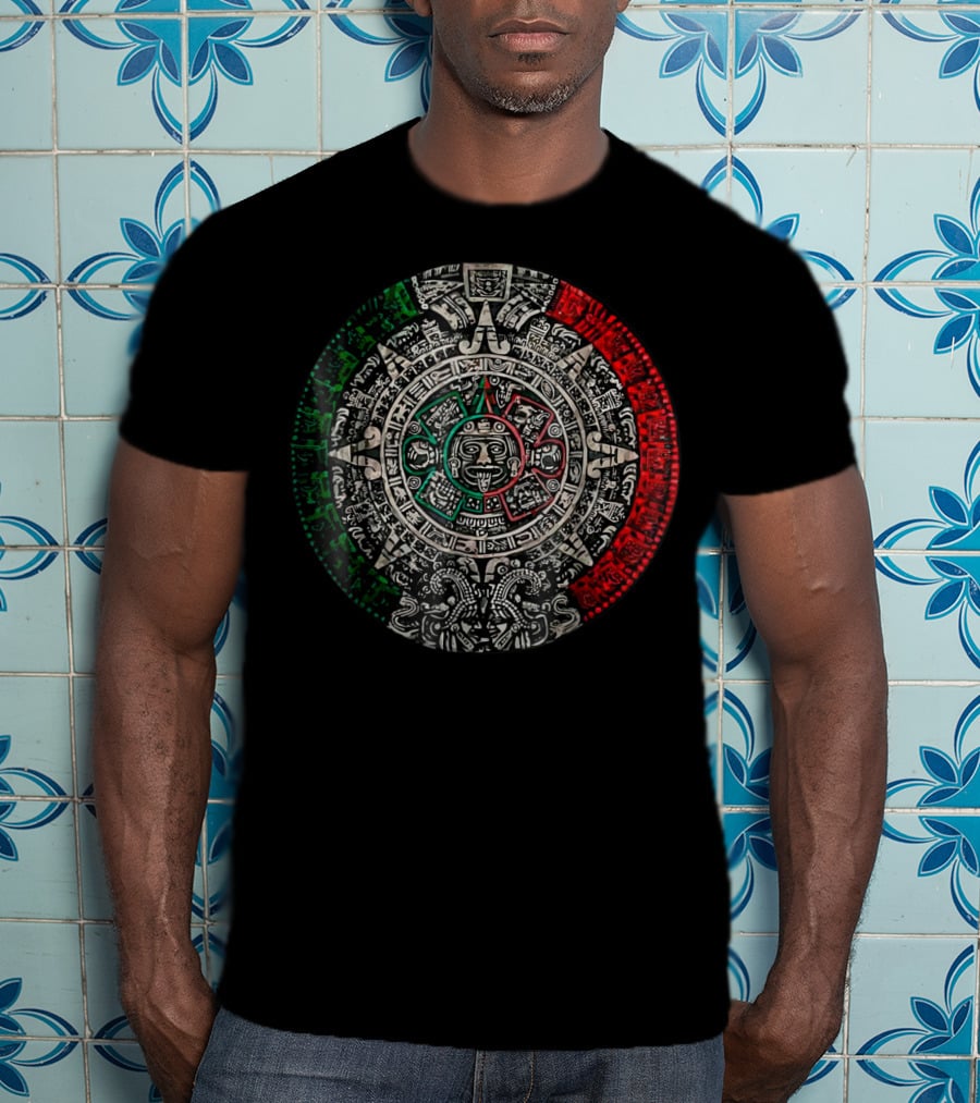 Aztec Calendar Sun Stone Mexican Flag Colors Carving Maya Mayans T-Shirt