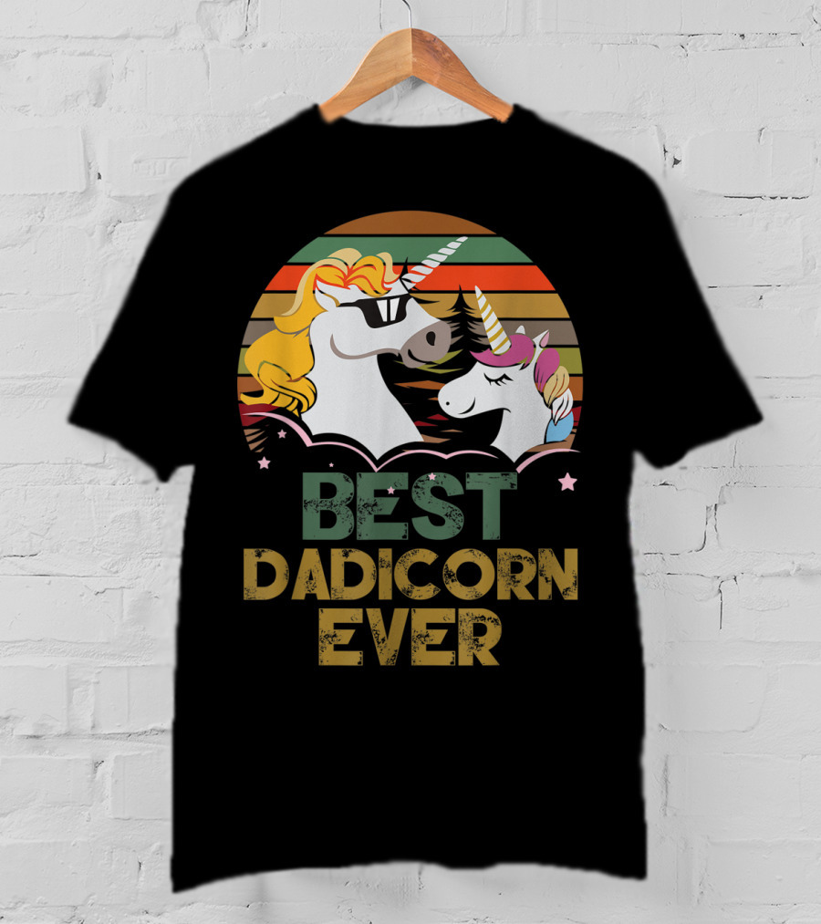 Best Dadicorn Ever Retro Funny Unicorns With Sunset Stripes T-Shirt
