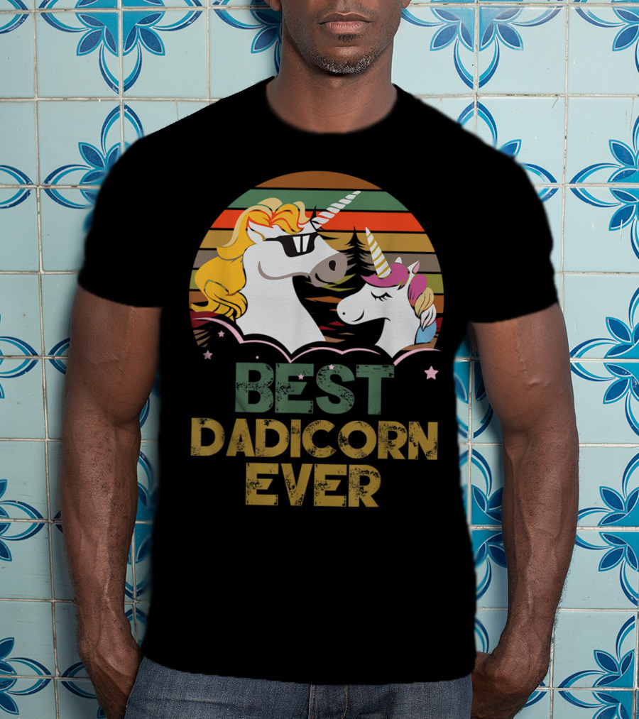 Best Dadicorn Ever Retro Funny Unicorns With Sunset Stripes T-Shirt