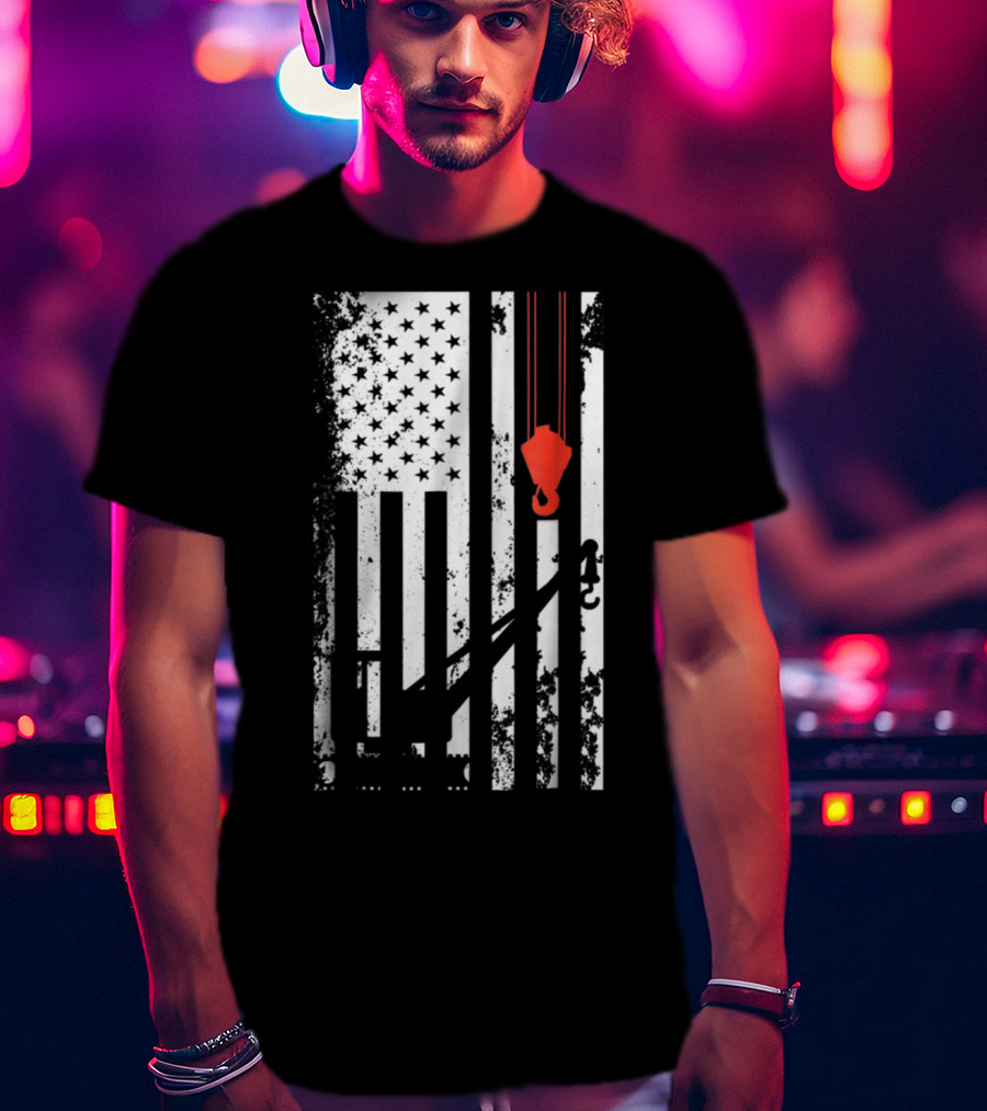 American Flag Crane Operator Hook And Lines T-Shirt