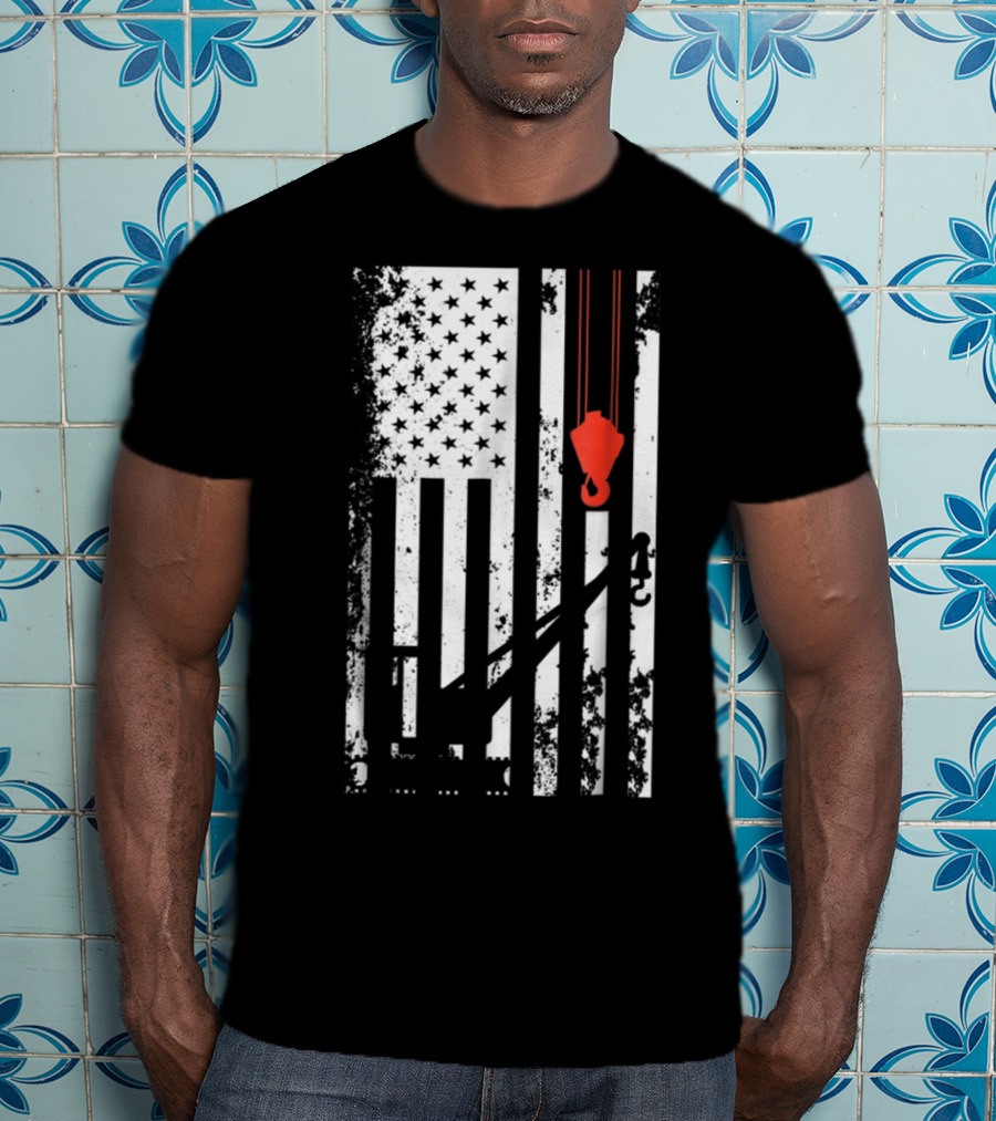 American Flag Crane Operator Hook And Lines T-Shirt