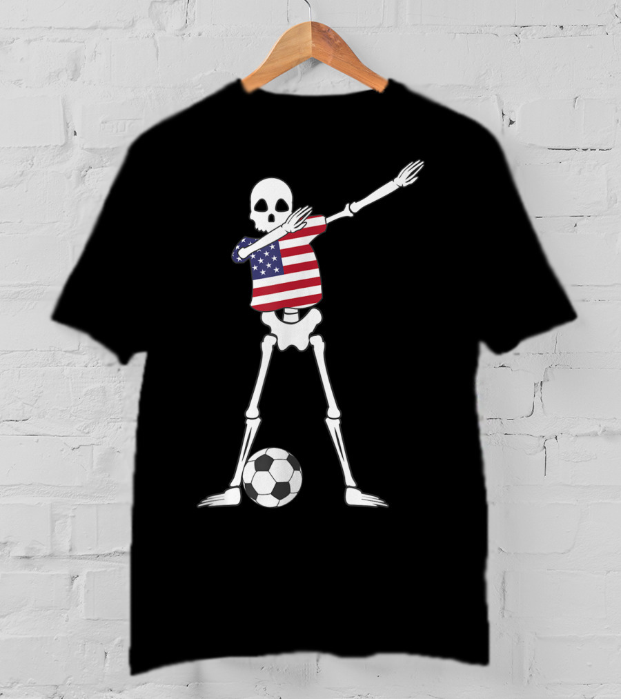 Dabbing Skeleton USA Soccer American Flag Dab Dance Football T-Shirt