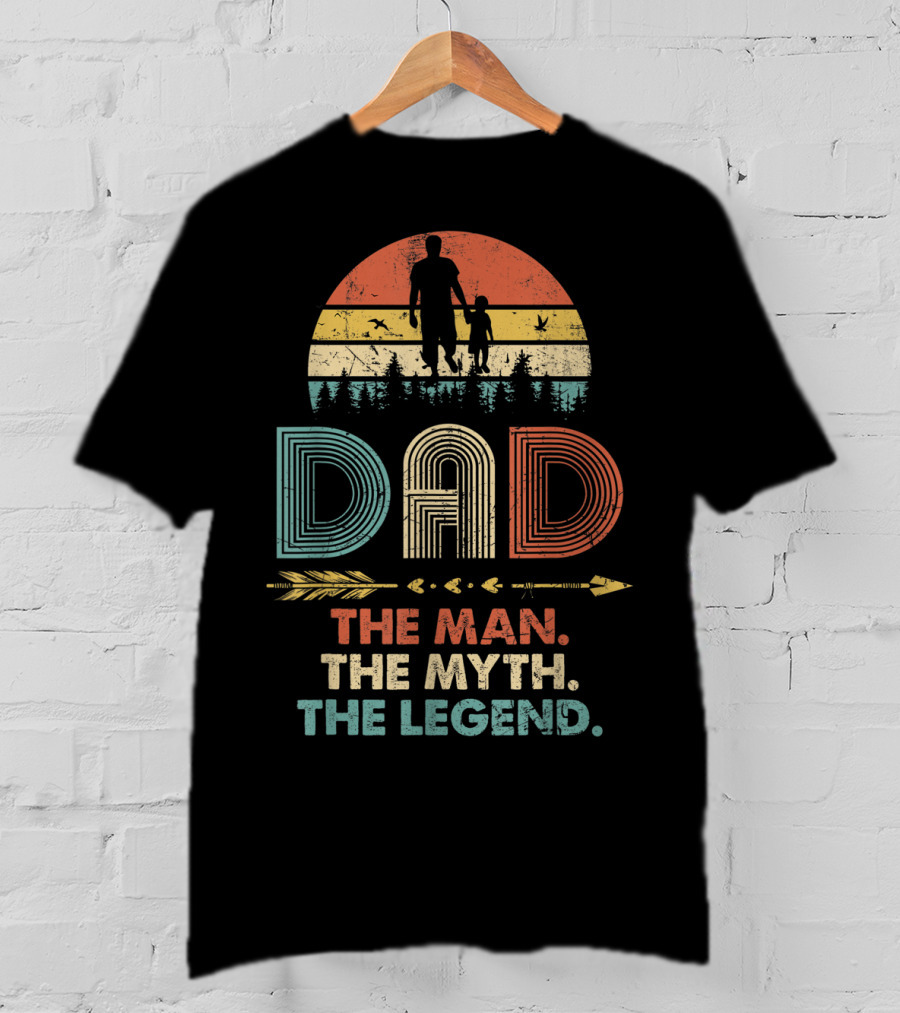 Dad The Man The Myth The Legend Vintage Papa Silhouette Retro Sunset Forest Arrow T-Shirt