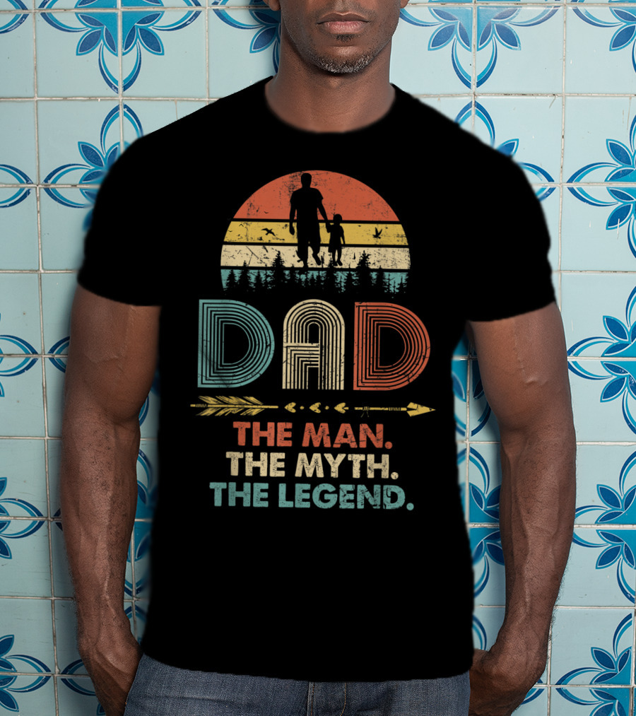 Dad The Man The Myth The Legend Vintage Papa Silhouette Retro Sunset Forest Arrow T-Shirt