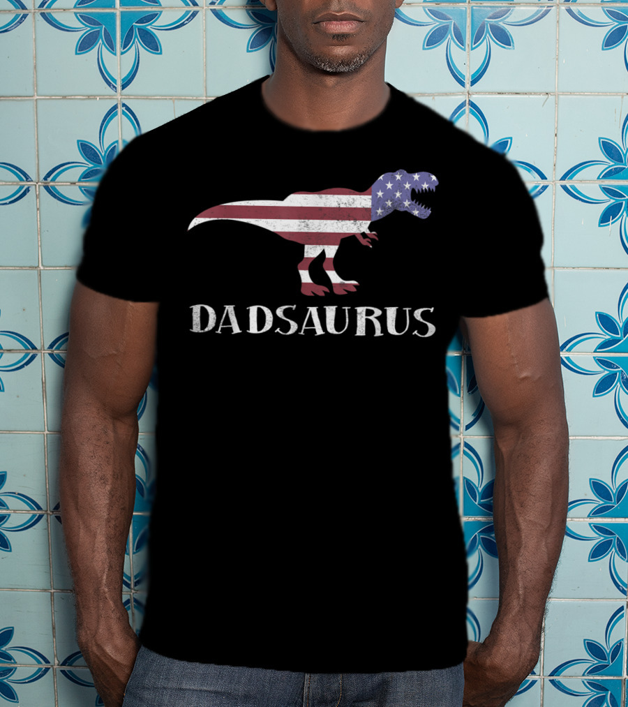 Dadsaurus Dinosaur Dad American Flag T-Rex USA Patriotic T-Shirt