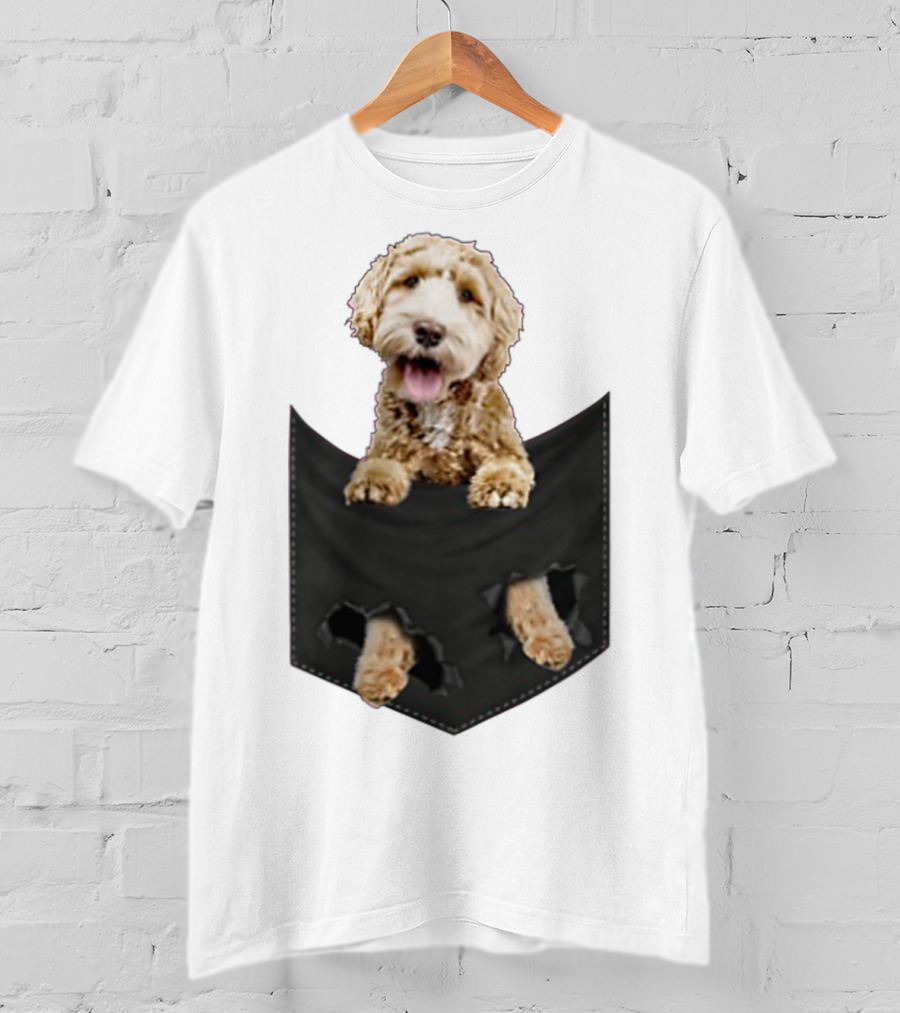Dog In Your Pocket Labradoodle Peeking Out Pawing Through Black Pocket T-Shirt