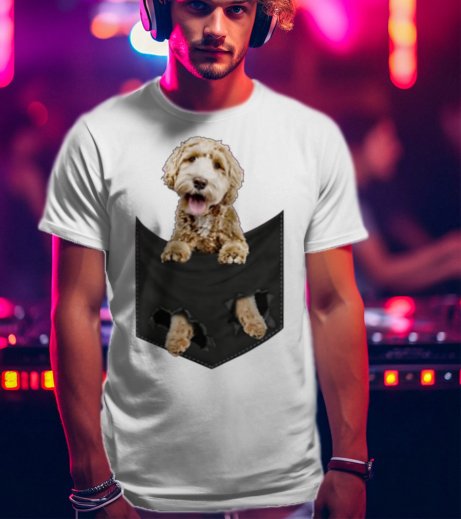Dog In Your Pocket Labradoodle Peeking Out Pawing Through Black Pocket T-Shirt