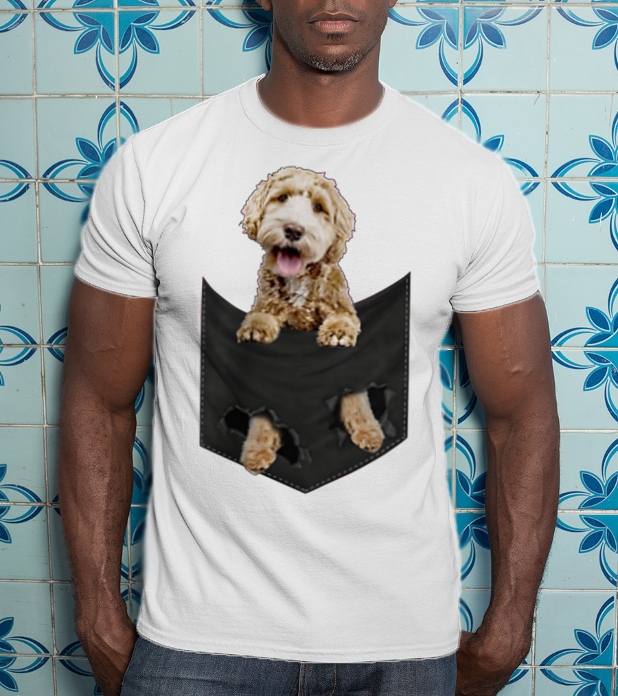 Dog In Your Pocket Labradoodle Peeking Out Pawing Through Black Pocket T-Shirt
