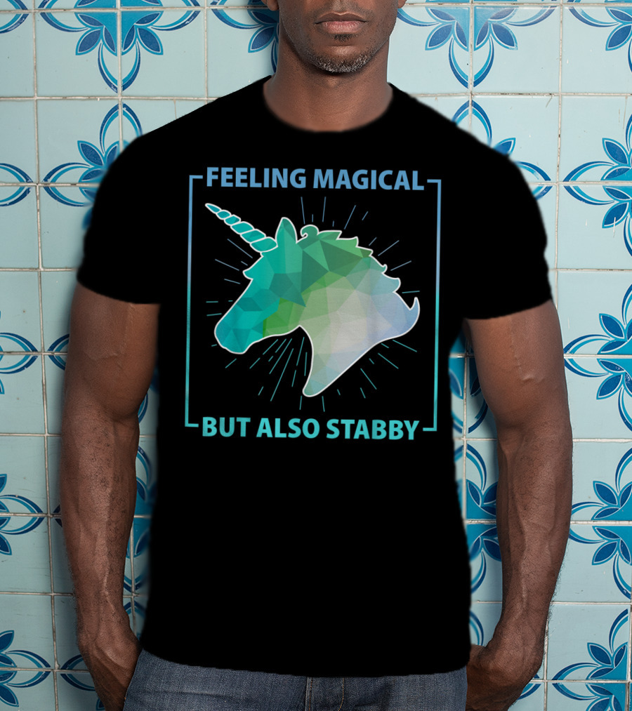 Feeling Magical But Also Stabby Funny Cute Unicorn Geometric Head T-Shirt