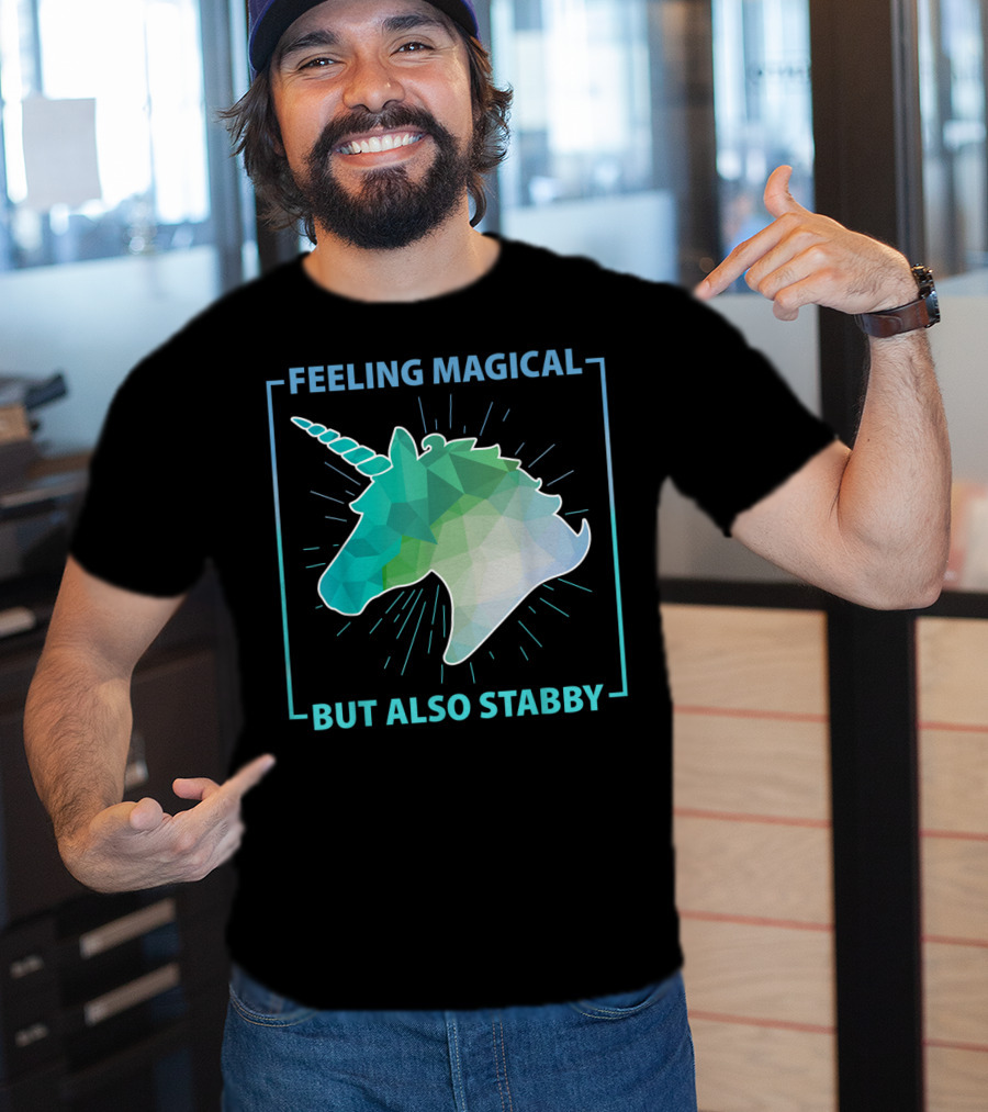 Feeling Magical But Also Stabby Funny Cute Unicorn Geometric Head T-Shirt