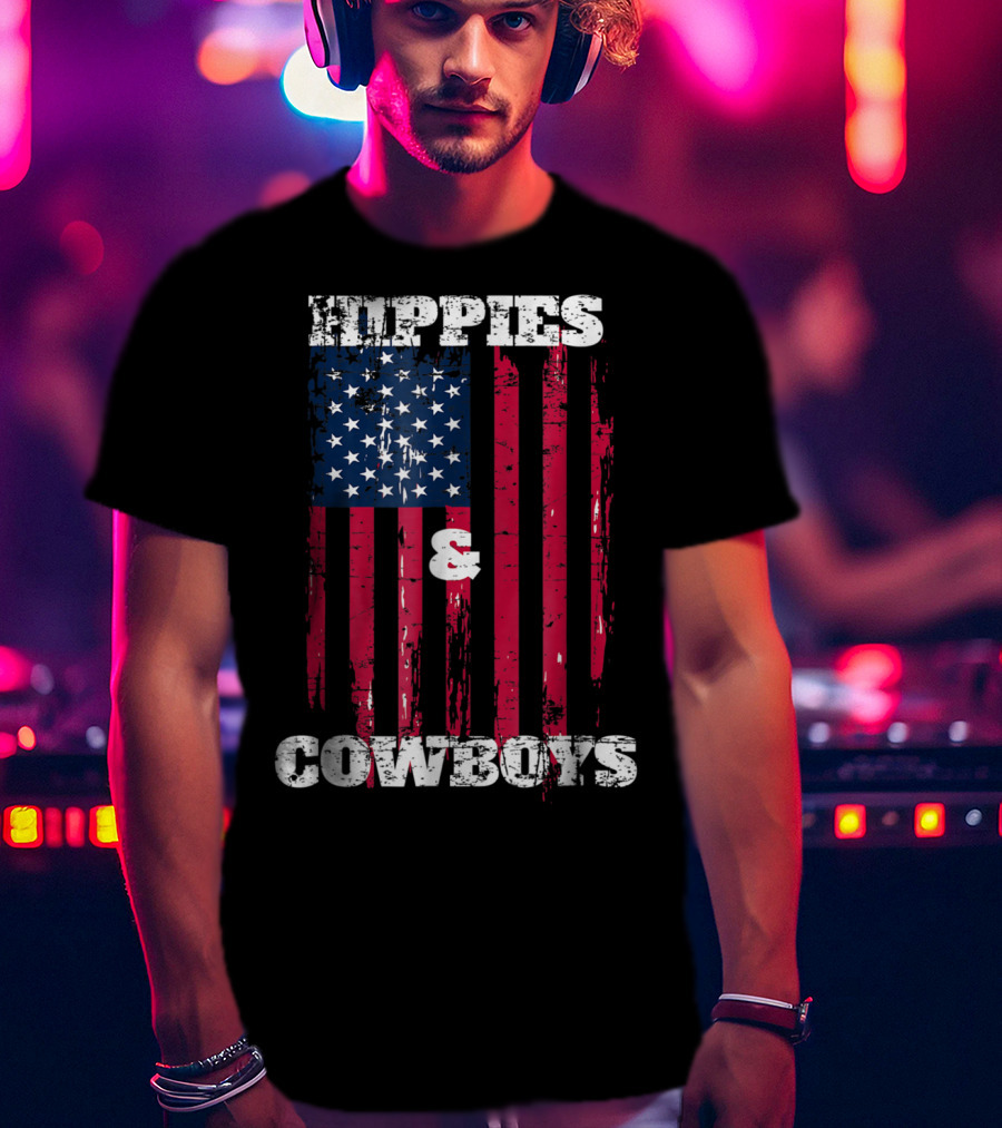 Hippies Cowboys And American Flag Distressed Look T-Shirt