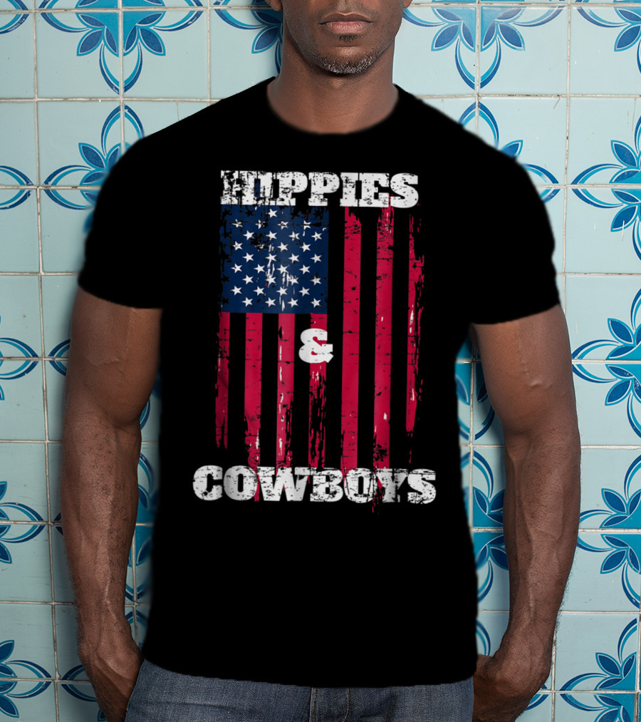 Hippies Cowboys And American Flag Distressed Look T-Shirt