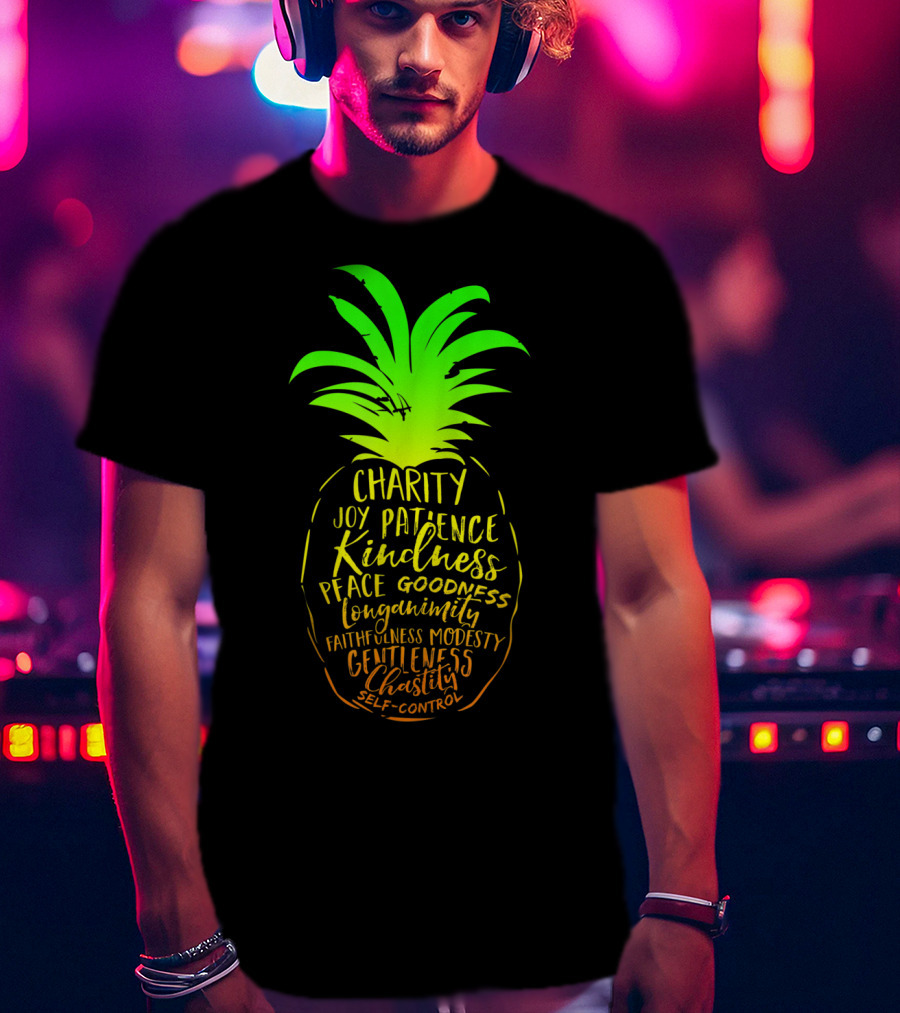 Holy Spirit Catholic Pineapple Charity Joy Patience Kindness Peace Goodness Longanimity Faithfulness Modesty Gentleness Chastity Self-Control T-Shirt