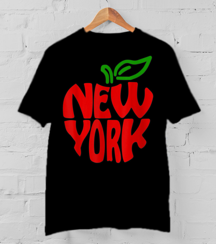 New York Big Apple Red Typography With Green Leaf T-Shirt