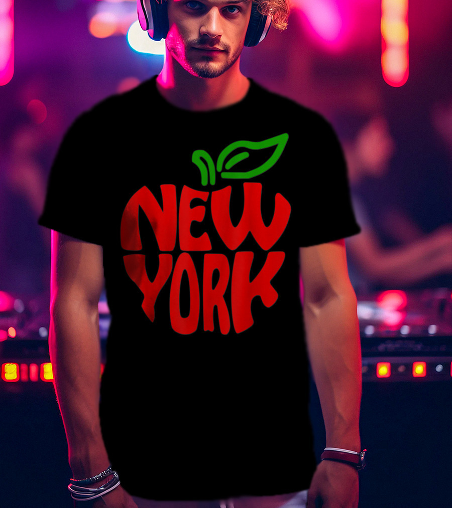 New York Big Apple Red Typography With Green Leaf T-Shirt